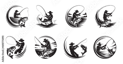 Fisherman catching fish in oval frames with circular designs fishing angling