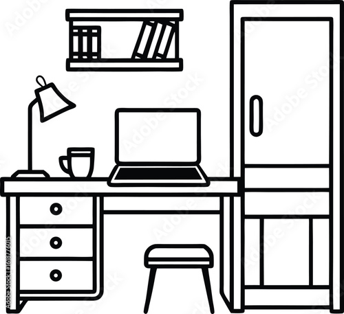 dorm with tidy desk laptop and cup of tea