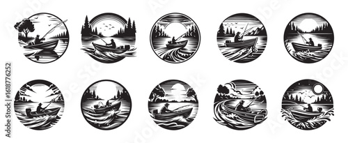 Ten Oval Fishing Scenes With Boats Trees And Sunsets sunrise lake