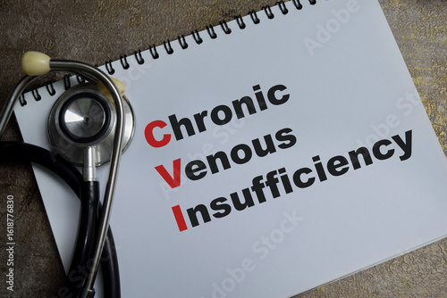 Concept of CVI - Chronic Venous Insufficiency write on book isolated on Wooden Table. healthcare and pharmaceutical concept