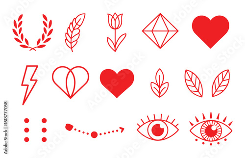 Red graphic symbols collection laurel wreath tulip diamond heart lightning bolt leaves eyes