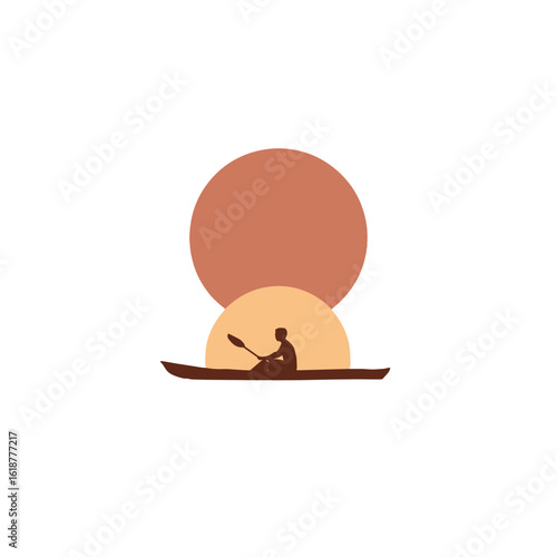 A person kayaking on water with sun background.