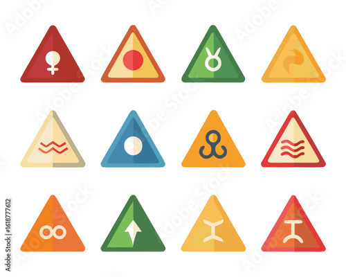 Abstract elemental symbols representing earth air fire and water in a cohesive graphic design suitable for branding and conceptual projects