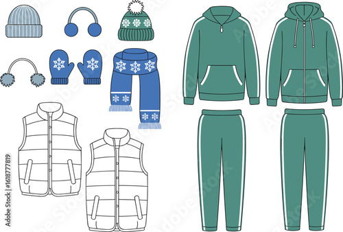 Winter clothing collection set, including puffer vests, hoodies, sweatpants, beanies, earmuffs, scarves, mittens, cold weather gear for kids or adults, cozy fashion outfit choices.