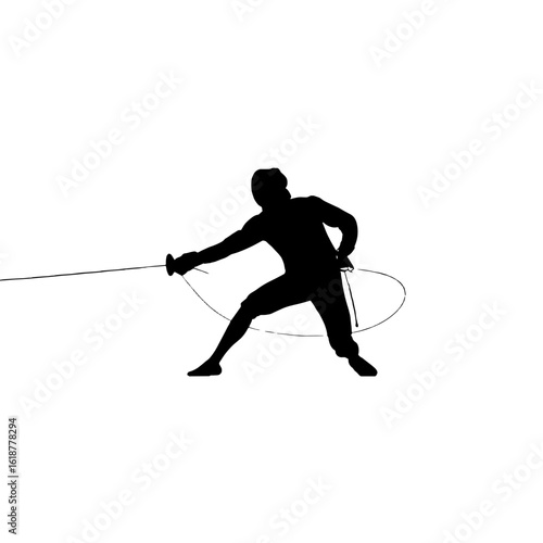 A silhouetted fencer in action, poised and ready for the bout.