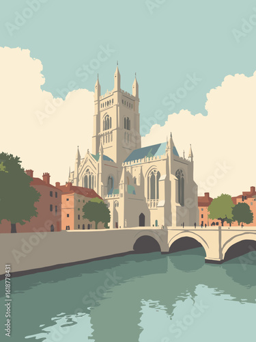 Exeter – Exeter Cathedral and Quay embankment in cathedral stone, quay brown, river green, and sky silver