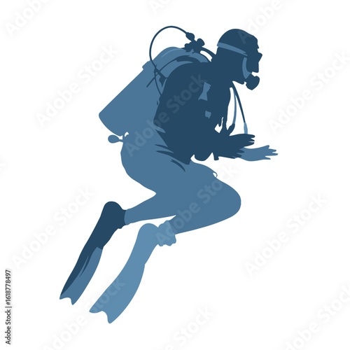 A silhouette of a diver in full gear descending into the depths.