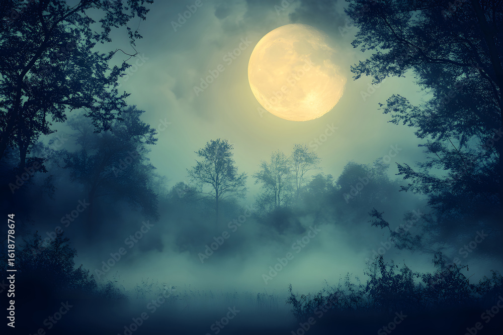 Naklejka premium Atmospheric Halloween background with moonlight and misty trees.