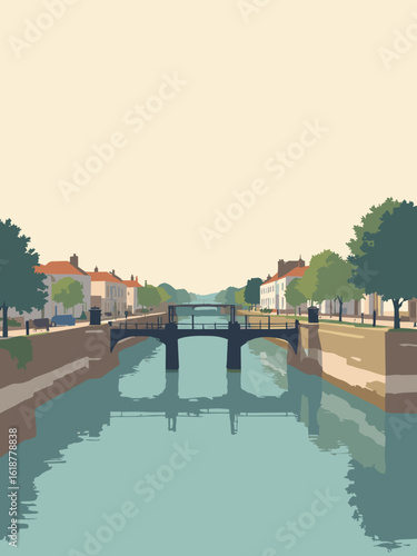 Maidstone – River Medway quayside and Lockmeadow in lock gate black, water teal, quay beige, and sky white