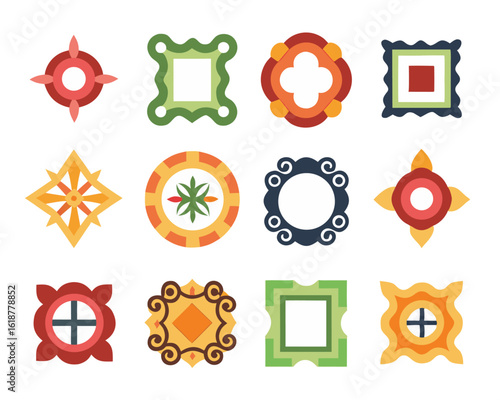 Ornate gothic game border collection featuring intricate medieval fantasy design elements in black yellow cyan and magenta hues