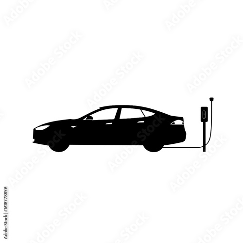 Electric car silhouette charging at a charging station.