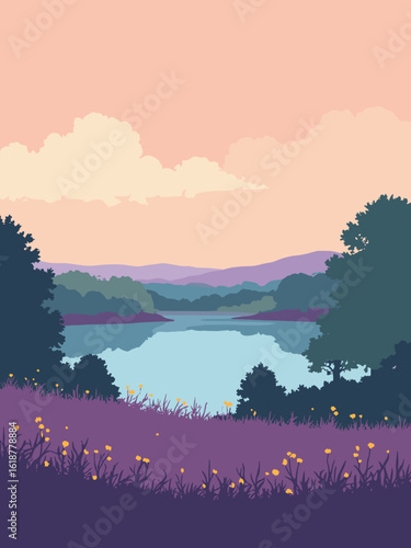 Sutton Coldfield – Sutton Park heath and lake vista in heath purple, lake blue, tree green, and sky peach