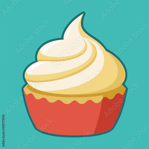 A delectable. single cupcake with a generous swirl of cream cheese frosting. presented against a teal background. Sweet treat for a celebration or casual enjoyment.