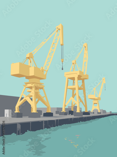 Gillingham – Chatham Docks heritage cranes and waterside in crane yellow, water teal, dock gray, and sky blue