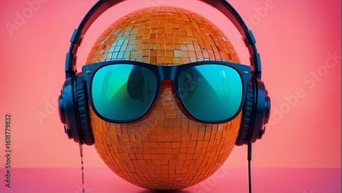 Orange with disco ball texture and mirror sunglasses wearing sleek black headphones, glowing magenta background, 32k, full ultra HD, high resolution -ar 16:9 -no noise upbeta