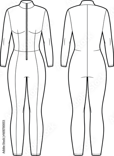 Sleek Women's Full-Body Jumpsuit Fashion Flat Sketch Design, Front and Back Views, Technical Drawing Template, Activewear Apparel, Sportswear Mockup, Bodysuit Base, Versatile Clothing CAD.
