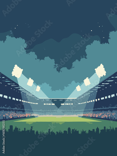 Cardiff – Millennium Stadium lit for evening match with city backdrop in turf green, floodlight white, charcoal gray, and sky navy