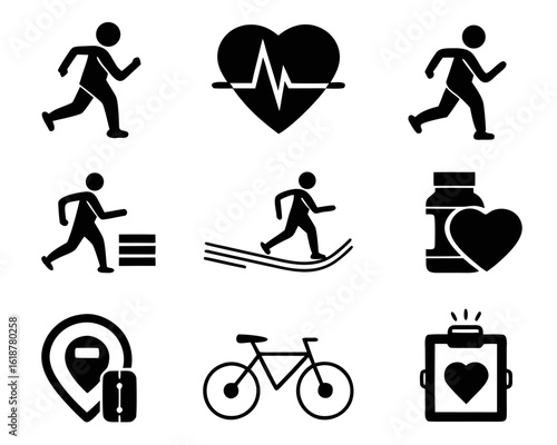 Dynamic illustration of a man and woman engaged in running symbolizing a healthy lifestyle with a prominent heart pulse graphic presented in a clean modern design