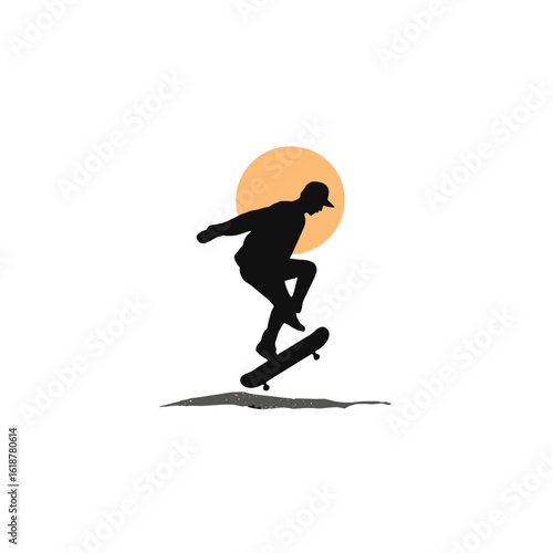 Silhouette of a skateboarder in mid-air.