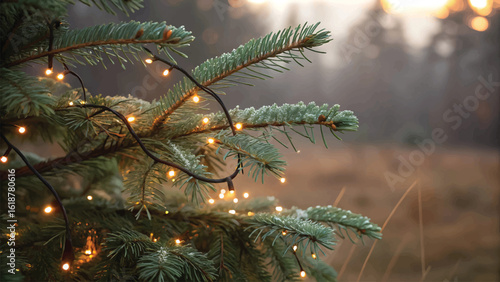 Close up of christmas tree branch adorned with glowing string lights and blurred background