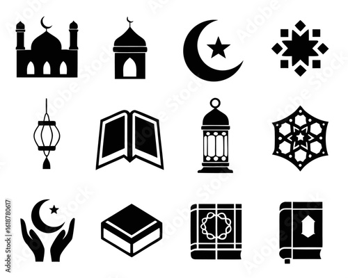 Comprehensive islamic cultural symbols collection featuring a mosque and crescent moon motifs for diverse design applications