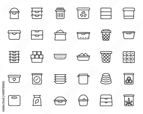 Collection of outline style icons representing various kitchen storage containers for organization and food preservation