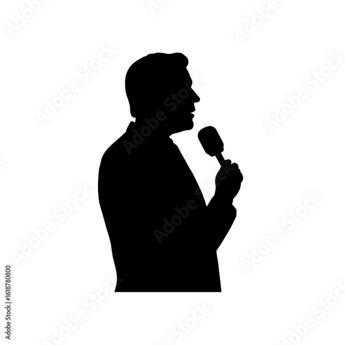 A silhouette of a person holding a microphone.