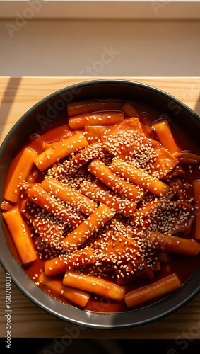 Spicy Korean Rice Cakes Tteokbokki Stir Fried in a Fiery Red Sauce Topped with Sesame Seeds