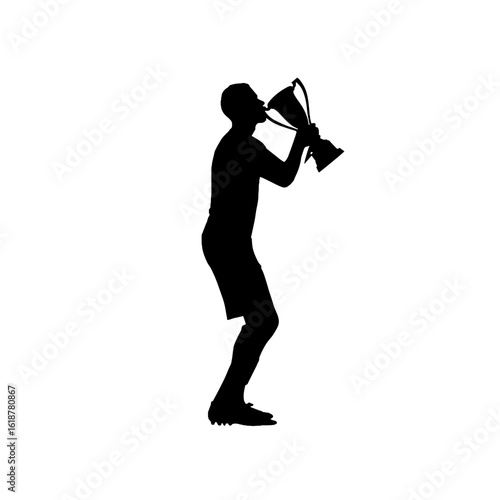 A silhouette of a person kissing a trophy.