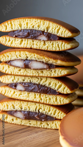 Delicious Stack of Japanese Red Bean Paste Filled Pancakes Close Up