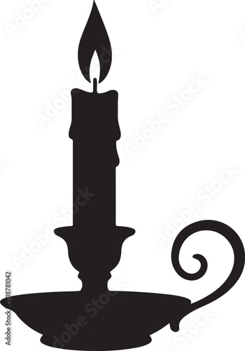 Black silhouette of a lit candle in an ornate holder flame light
