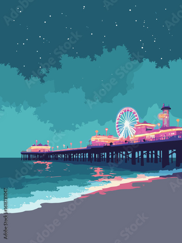 Southend-on-Sea – Thames Estuary pier and amusement lights by night in neon cyan, pier brown, sea gray, and carnival pink