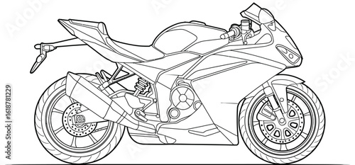 Detailed line drawing of sport motorcycle side view with aerodynamic fairings, wheels, exhaust system, seat, and handlebars in black and white 
