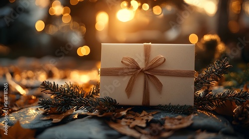 A cozy holiday gift wrapped in a golden bow  long title A neatly wrapped gift box rests among pine branches and holiday decor surrounded by a