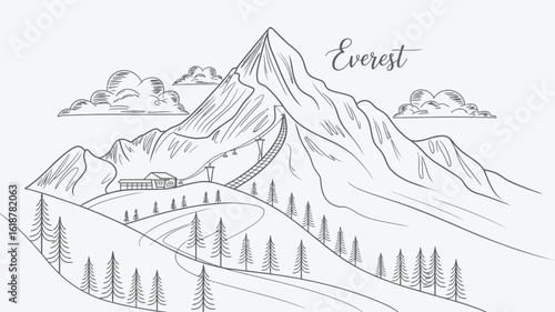  Line drawing of Mount Everest with scenic peak, winding road, lodge, forested foreground, and clouds—minimalist mountain landscape sketch