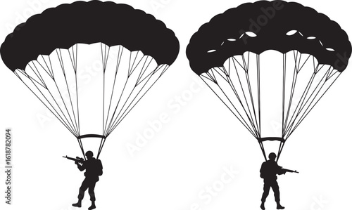 Two paratroopers descending with rifles silhouette