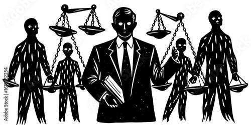 Vector art of lawyer attorney justice legal court scales advocate litigation jurisprudence counsel representation ethics 100 vector illustration