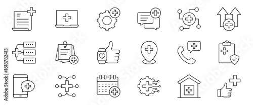 Healthcare management line icon set. Health Management icons set editable stroke. featuring administration, analysis, monitoring, human resource, inventory management. Vector illustration.
