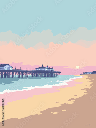 Bournemouth – Victorian Pier and beach huts at sunrise in pastel blue, sand beige, hut peach, and dawn lavender