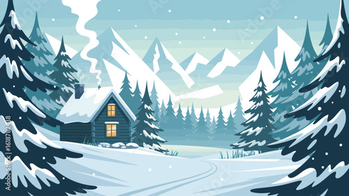 Winter cabin in snowy pine forest with glowing windows, chimney smoke, mountain backdrop, falling snowflakes, and serene blue sky 