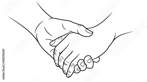 Minimalist line drawing of two clasped hands holding each other, symbolizing unity, support, love, friendship, care, and human connection 