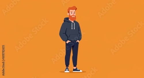 Cartoon character standing with casual wear against a solid orange background art illustration