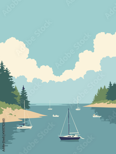 Poole – Poole Harbour yachts and Brownsea Island pines in harbor blue, pine green, sand beige, and cloud white