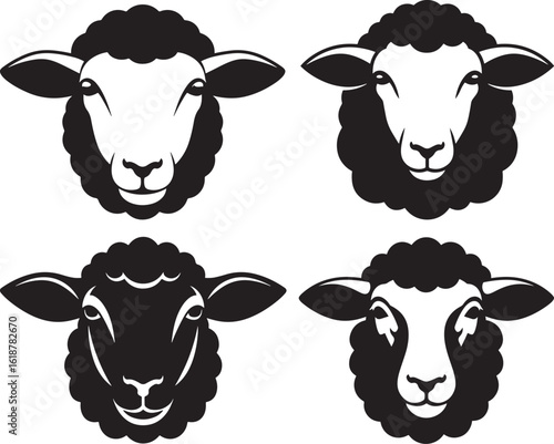 Four black and white sheep head silhouettes