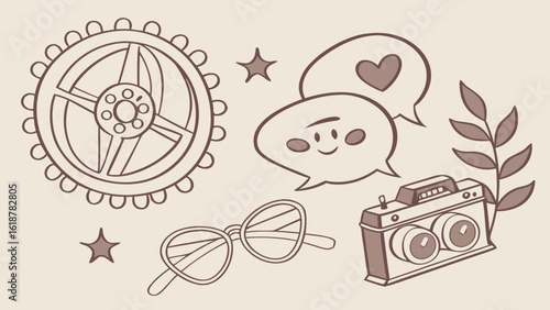 Vintage styled illustration featuring a gear, speech bubbles, glasses, camera and leaves