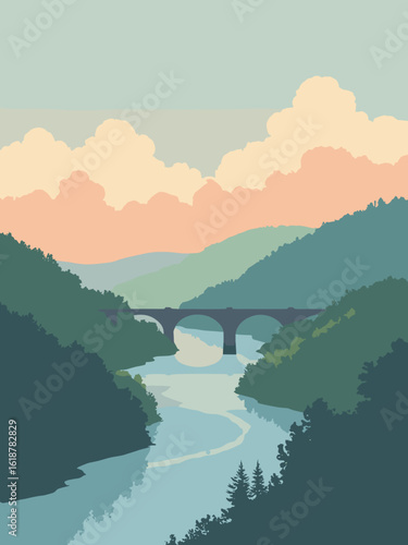 Telford – Ironbridge Gorge and Severn river in iron gray, river blue, forest green, and sunrise peach