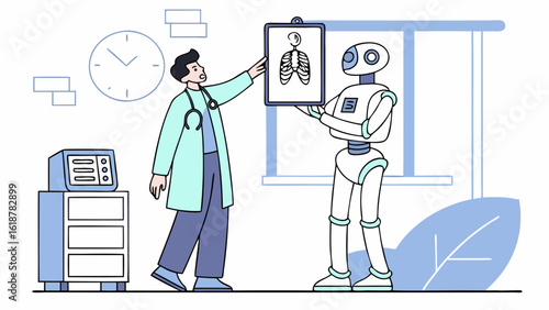 Doctor and robot examining chest x ray in hospital room with clock and medical equipment displayed