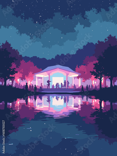 Basildon – Festival Leisure Park lights and lake reflections in neon pink, lake blue, pavilion white, and night gray