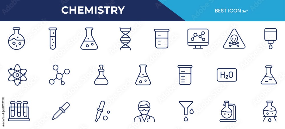 Naklejka premium Chemistry Line Icons Pack – Science Vector Icons Featuring Lab Equipment, Molecules, DNA, and Chemical Reactions