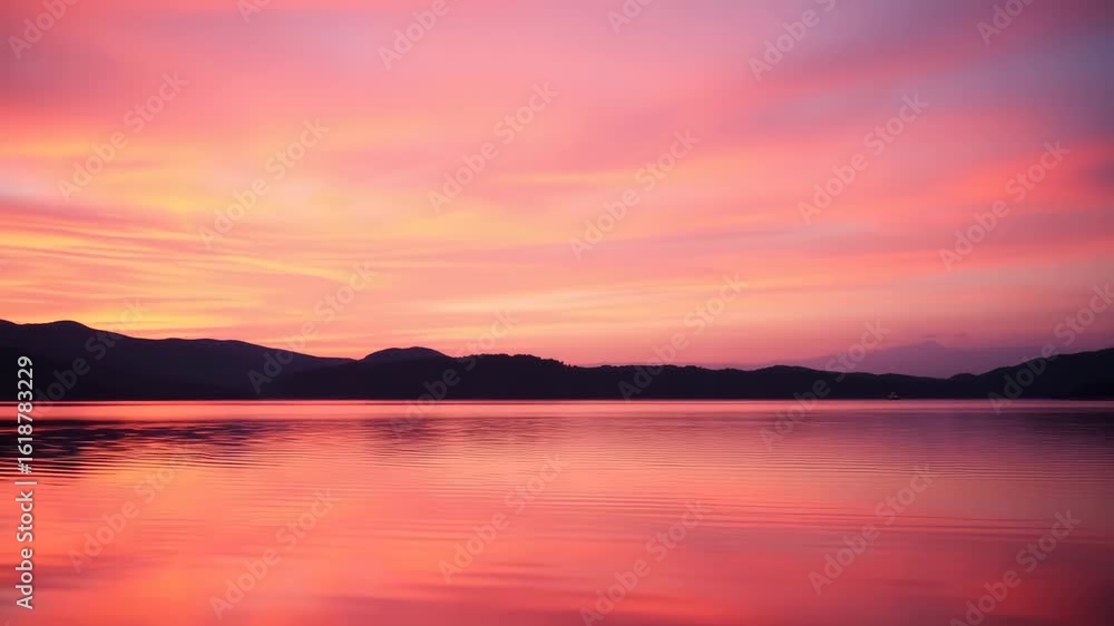 Sunset over calm lake water The sky is painted with vibrant hues of orange pink and purple The water Sunset over calm lake water The sky is painted with vibrant hues of orange pink and purple The water